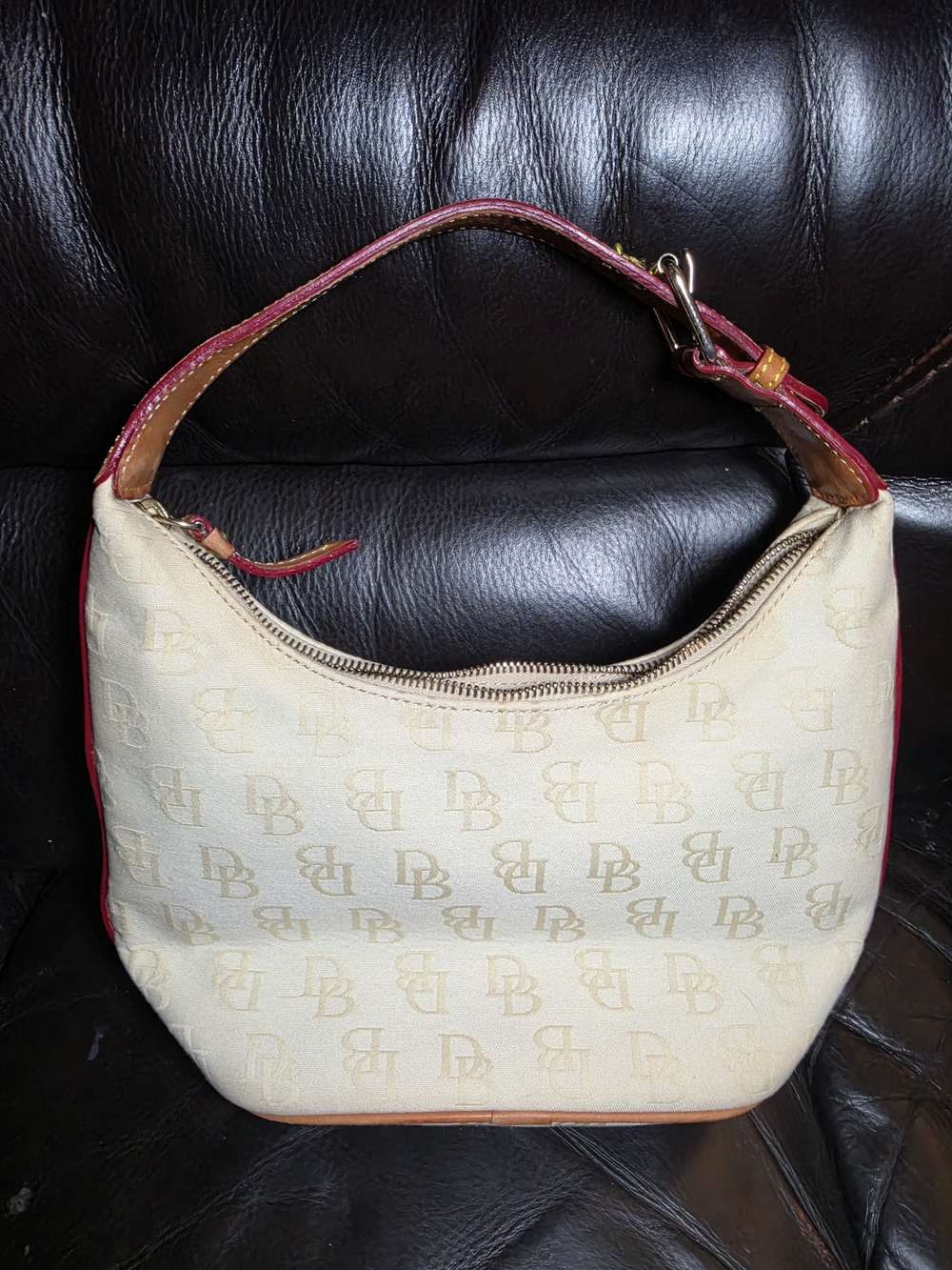 Vintage Y2K Dooney & Bourke Signature DB Monogram Hobo Shoulder Bag Cream